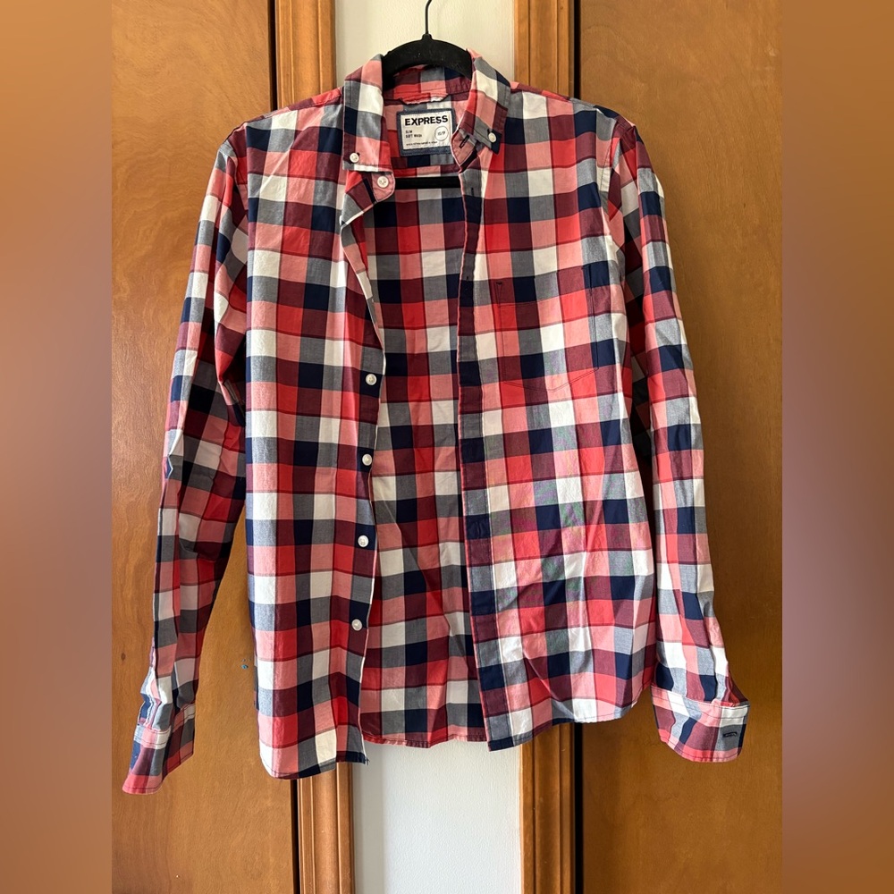 Express Men's Red, Navy & White Plaid Button-Down Shirt